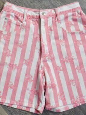 VTG Pink & White Striped-Floral Denim Shorts High-waist Partners Mervyns Sz 12